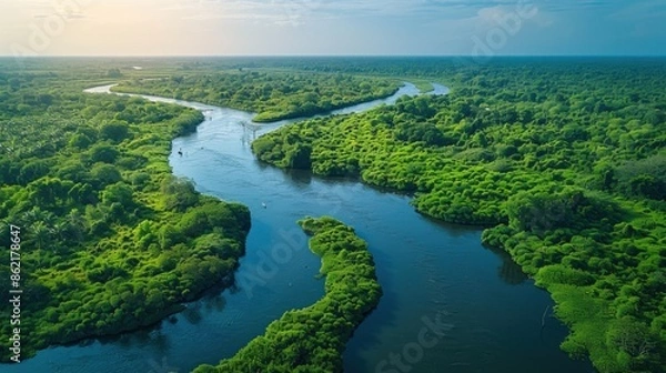 Fototapeta Aerial view of the Mekong Delta's intricate network of waterways and lush vegetation