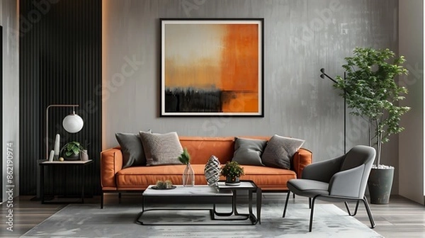Obraz Modern Living Room with Orange Sofa and Abstract Art