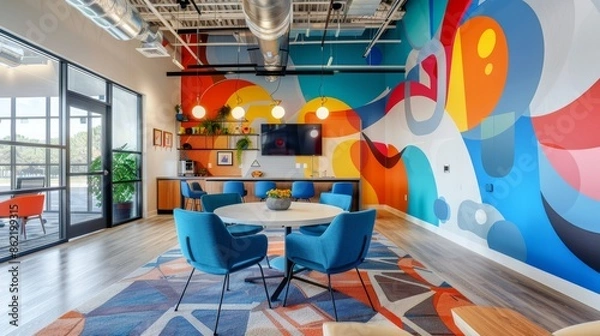 Fototapeta Creative meeting space with blue chairs and a dynamic wall mural, combining modern office elements with vibrant colors