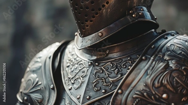 Obraz Medieval knight armor close-up with intricate engravings, showcasing historical craftsmanship. Historical artifacts and preservation concept