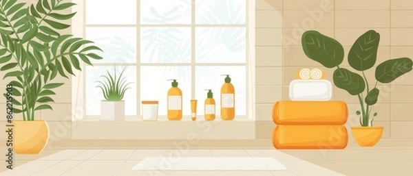 Obraz A bathroom with a window and a potted plant