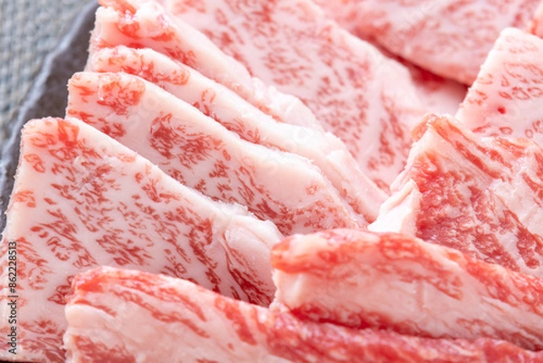 Obraz 焼肉用牛肉盛り合わせのアップ。

