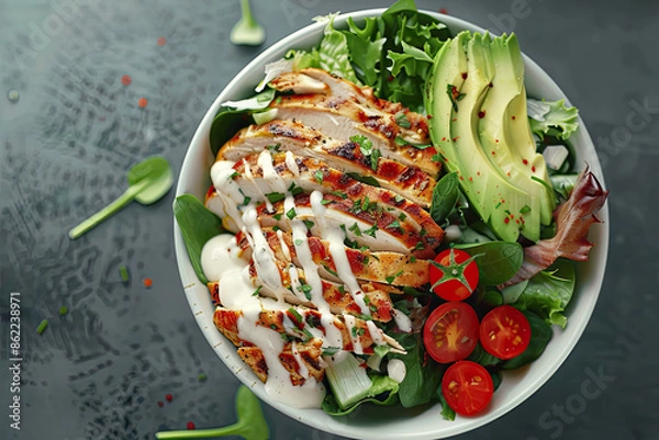 Obraz Salad bowl with grilled chicken, avocado, tomatoes, ranch in bright, modern, health-focused eatery.