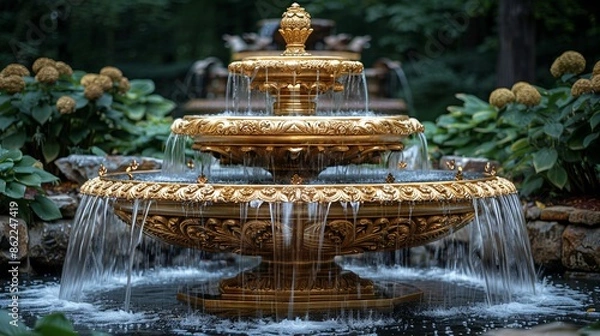 Obraz Gold Opulent gold fountain with intricate carvings and cascading water, symbolizing luxury and grandeur in a lavish garden setting. Illustration, Minimalism,