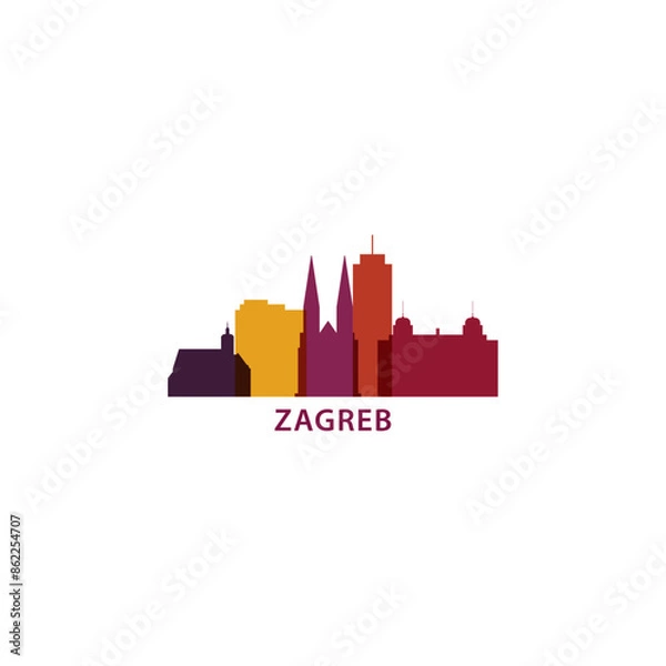 Fototapeta Zagreb skyline, downtown panorama logo, logotype. Croatia capital city badge contour, isolated vector pictogram with cathedral, monuments, landmarks, skyscrapers, gate