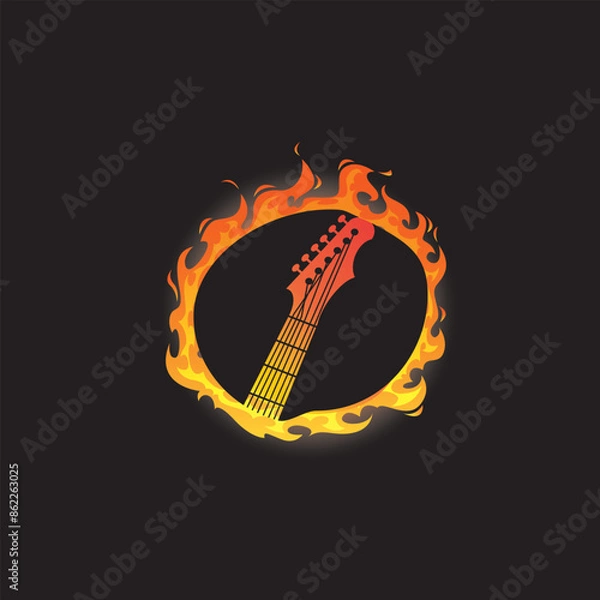 Fototapeta electric guitar with burning flames, vector logo icon