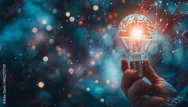 Obraz A creative depiction of a hand holding a neonlit lightbulb with a brain inside