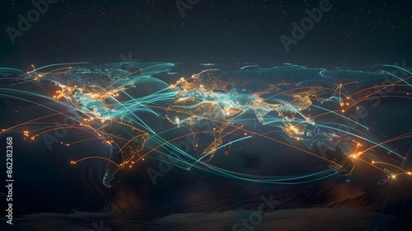 Fototapeta Global business concept of connections and information transfer in the world 3d illustration