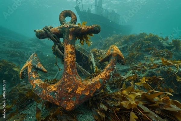 Fototapeta An underwater view reveals a rusted anchor entangled in seaweed, part of a shipwreck in a coastal region, evoking a sense of mystery and history.






