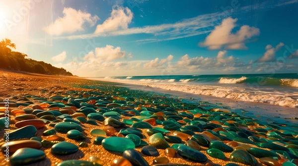 Fototapeta A stunning and vivid cinematic picture. Scattering pebbles on the seashore. Which looks bright and shiny
