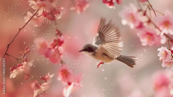 Fototapeta A bird is perched on a pink tree branch. Generate AI image