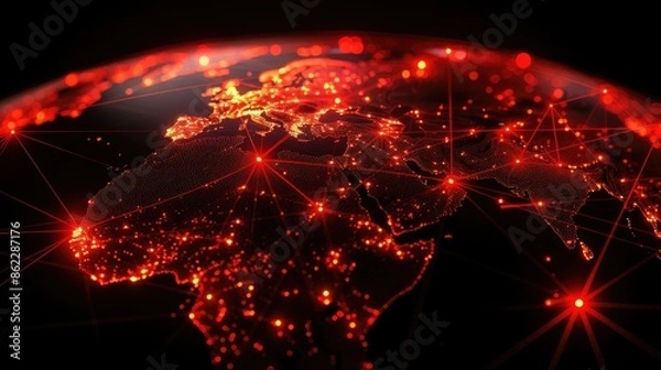 Obraz Digital map of Europe and Africa with red glowing network points and lines representing technology infrastructure.
