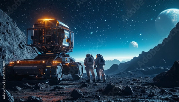 Fototapeta Futuristic Space Mining with Astronauts Operating Advanced Machinery on Asteroid