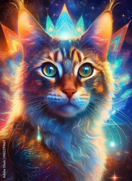 Fototapeta Cat with abstract beauty, centered, looking at the camera psychedelic colors