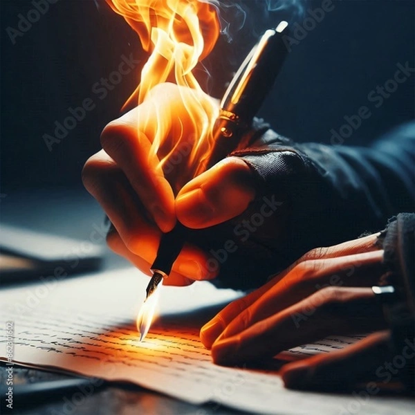 Fototapeta write on paper while emitting fire at the tip of the pen.. close-up style, cinematic, dark theme