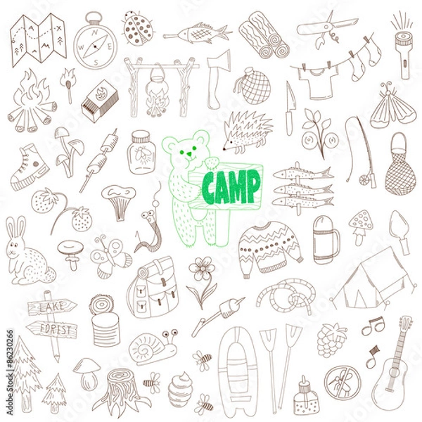Obraz doodle elementy kempingowe