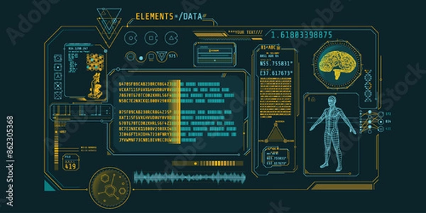 Fototapeta Futuristic medical research program interface with data decoding.