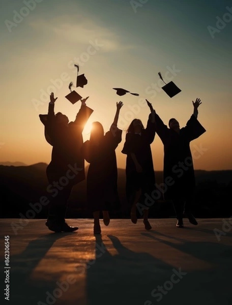 Obraz Graduates Celebrating with Cap Toss in Sunset Silhouette, Achievement, Joy, and Future Success 