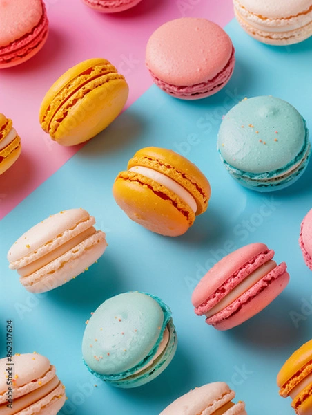 Fototapeta A lot of colorful sweet fresh macaroons lie on a blue background. Dessert, pastries, cookies. A sweet delicious dessert, cookies with almonds. Pattern, festive banner. Top view. 
