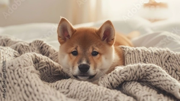 Fototapeta Calm Shiba Inu puppy with white fur Japanese heritage on blanket in bedroom portrait