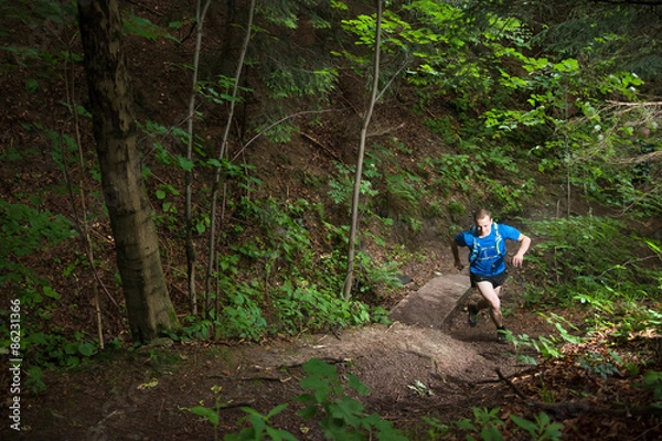 Obraz single man running up the hill on the trail in the woods