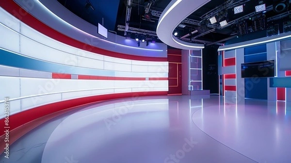 Fototapeta background studio television modern green screen, a photo of a bright television studio, colour palette of , red and white, curved, low angle, background for green screen, modern, 16:9, red and white