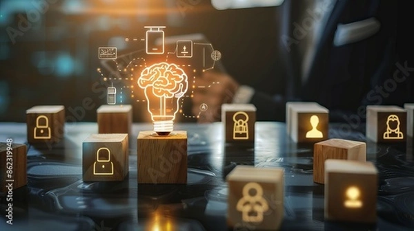 Fototapeta An artistic representation of artificial intelligence innovation, featuring a lightbulb containing a digital brain and surrounded by human icons in wooden blocks.