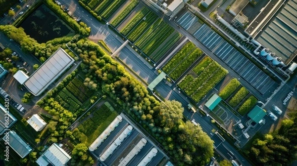 Fototapeta Aerial view of a green logistics park with electric trucks renewable energy sources and extensive green infrastructure