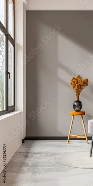 Fototapeta Luxurious apartment interiors with ample spaces, big windows providing natural lighting and elegant minimalist furniture. Luxury property interiors composition for home decor.