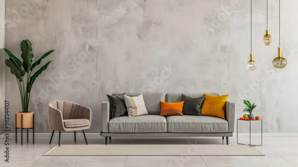 Fototapeta Luxurious apartment interiors with ample spaces, big windows providing natural lighting and elegant minimalist furniture. Luxury property interiors composition for home decor.