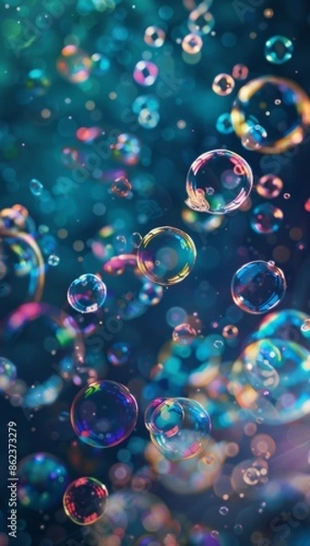 Fototapeta Colorful digital art of floating bubbles with vibrant reflections
