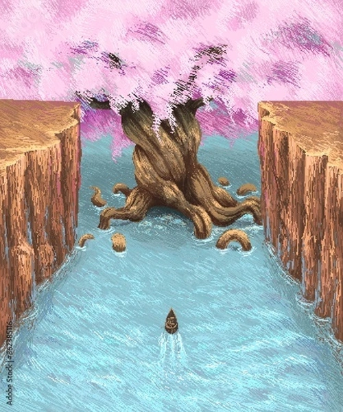 Obraz The ship navigating through the land strait is heading towards the giant cherry blossom tree