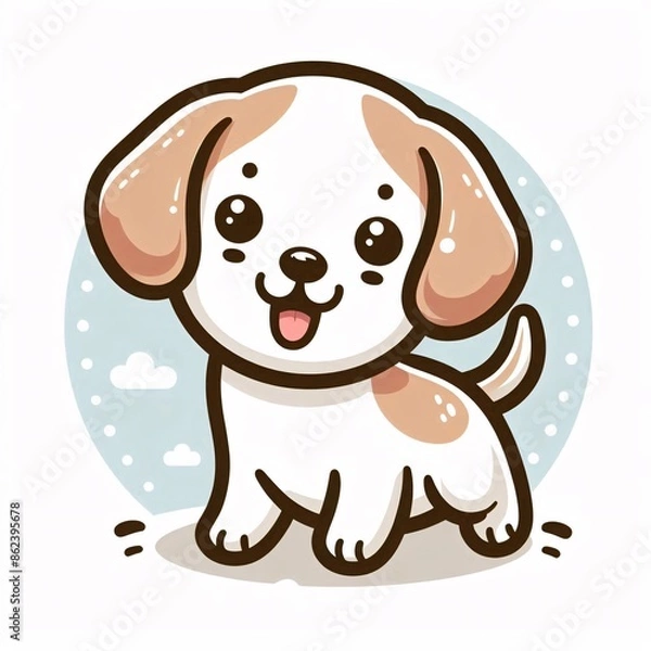 Fototapeta A charming, cute cartoon illustration of an adorable puppy with floppy ears and a wagging tail.