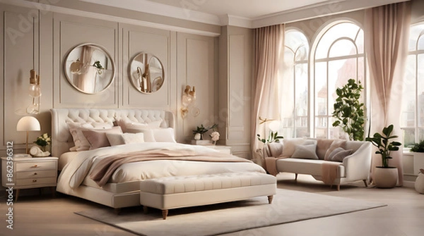 Fototapeta The cozy atmosphere of a bedroom, with soft lighting, comfortable bedding, and personal touches. Highlight the inviting and relaxing feel

