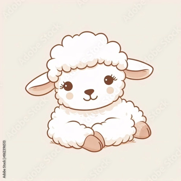 Fototapeta A delightful, cute cartoon illustration of a sweet lamb with a fluffy coat and gentle eyes.