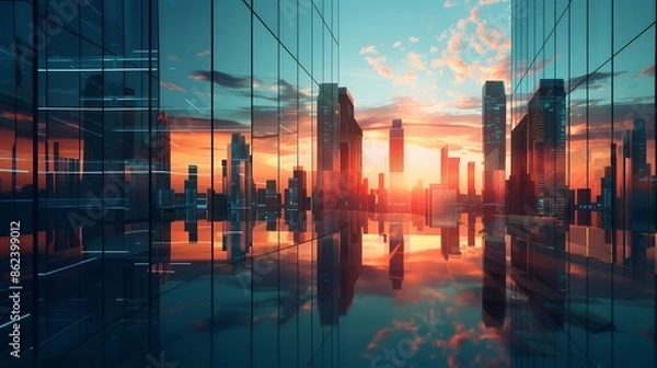 Obraz Abstract background of modern city with skyscrapers and office buildings at sunset, reflection on glass windows, blue sky. Concept business environment in urban area.3D rendering illustration. empty s