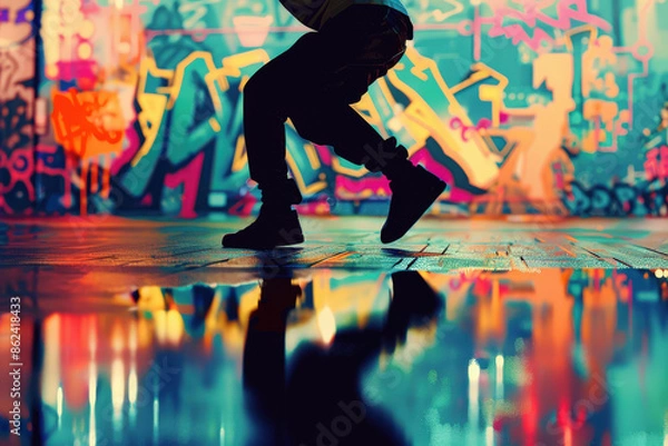 Fototapeta Break dancing move, urban street, close up, focus on, copy space, vibrant colors, Double exposure silhouette with graffiti