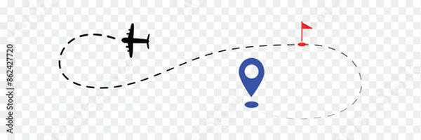 Obraz Airplane line path route travel vector concept. Travel route icon.