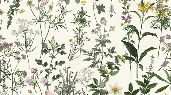 Fototapeta Art print with vintage botanical illustrations of wildflowers and herbs, in a pastel color palette, seamless pattern design for wallpaper or fabric