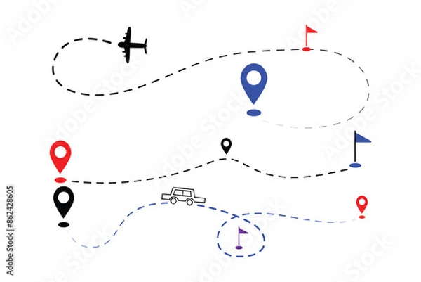 Obraz Airplane Route Dotted Line. Travel route icon.