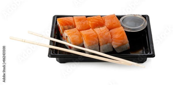 Fototapeta Take out packed sushi roll isolated on white