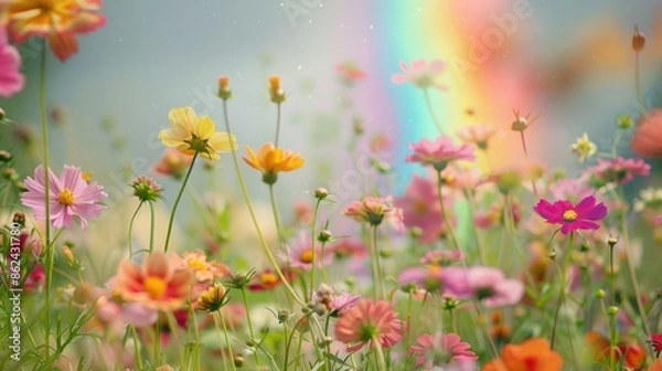 Fototapeta A vibrant field of wildflowers in full bloom with various colors, set against a subtle rainbow in the background.