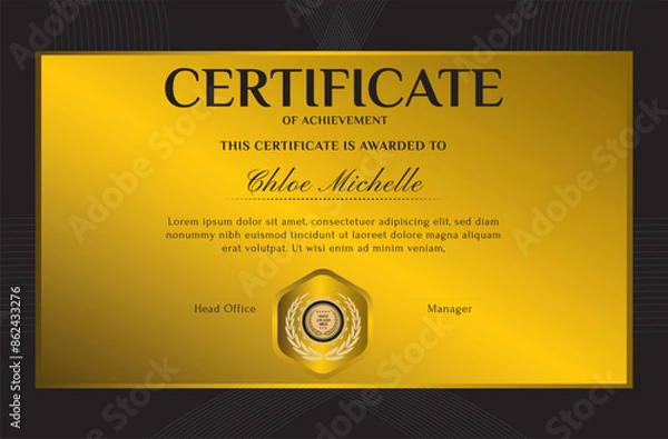 Fototapeta Elegant black and gold blue diploma certificate template with luxury badge and modern line pattern. For award, business, and education needs. Use for print, certificate, diploma, graduation