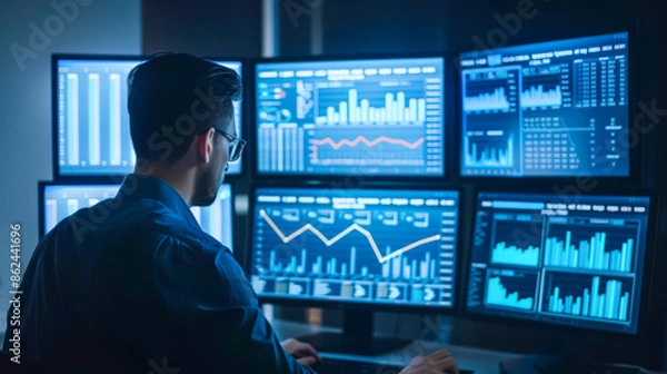 Obraz Stock Trader Analyzing Market Data. A stock trader sits in front of multiple monitors analyzing market data, showcasing the fast-paced world of financial trading and analysis.