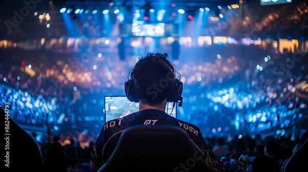 Fototapeta pro gamer man in headphones live streaming while playing online computer game, neon lights, esports, gaming, monitor, play, young, player, internet, enjoyment, cyber, e sport. 