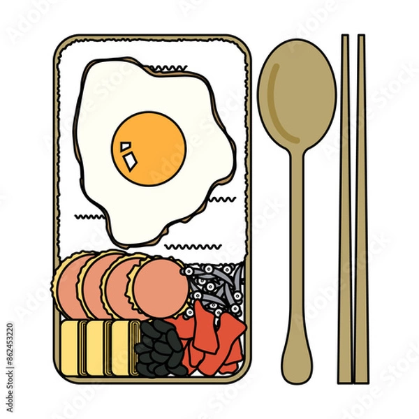 Fototapeta 추억의 도시락(음식+요리+달걀후라이+햄)