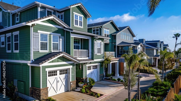 Obraz Elegant duplex houses adorned with green wood vinyl sidings in the scenic Carlsbad, San Diego, California. A perfect blend of charm and coastal allure.