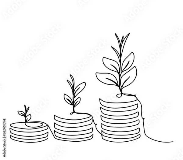 Fototapeta Continuous line drawing of Coins stack with tree growing. vector design line art illustration money and plant on transparent background. Business investing concept