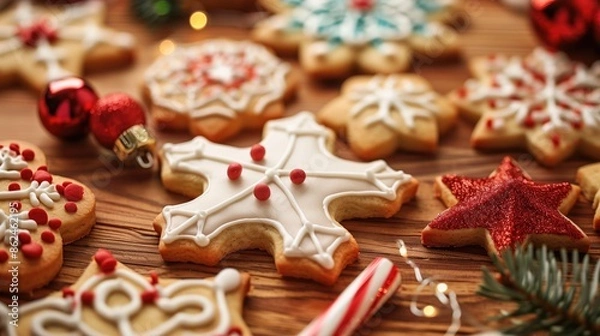 Fototapeta Festive Christmas Cookies with Icing and Decorations on Wooden Table Surrounded by Holiday Ornaments