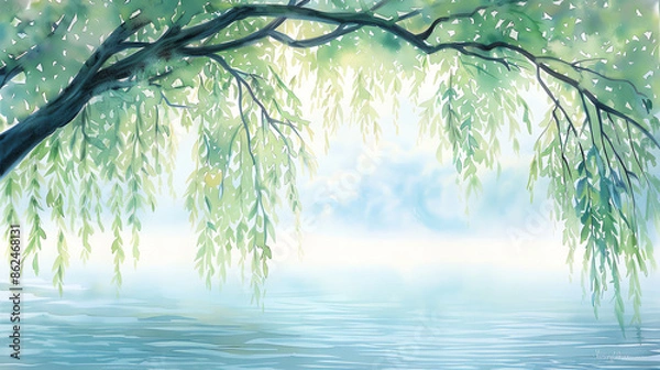 Fototapeta Weeping willow tree by a serene lakeshore, cascading branches and delicate leaves, soft watercolor strokes capturing the tranquil and ethereal beauty
